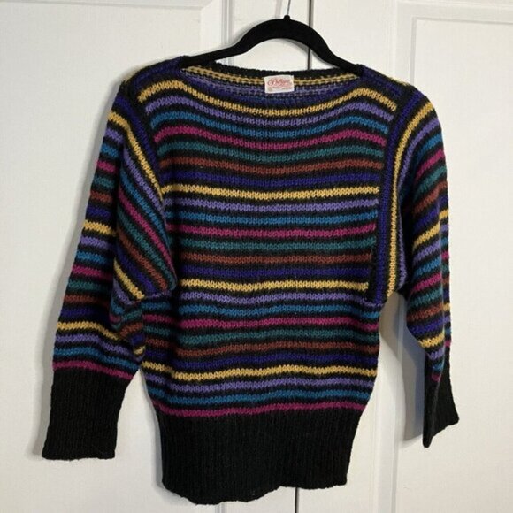 Vintage Phillippe Sweater Womens Stripe 80s Boat Neck Wool Blend Black Rainbow - Picture 1 of 6